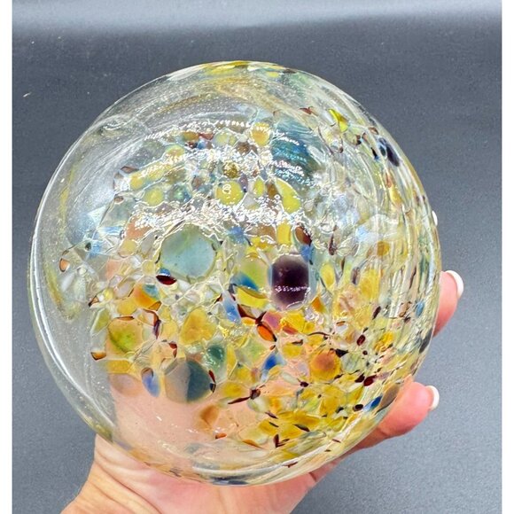 Large Hanging Hand-Blown Art Glass Sphere Ornament With Multicolor Details 5"D - Picture 3 of 6
